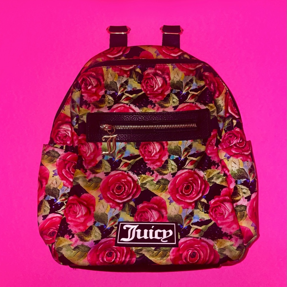 JUICY COUTURE FLORAL ROSE PRINT BACKPACK - BLACK STRAPS - GOLD HARDWARE
